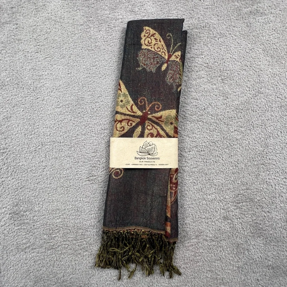 Boho Floral Butterfly Pashmina Scarf Fringe Shawl Vintage Earthy Wrap Cashmere